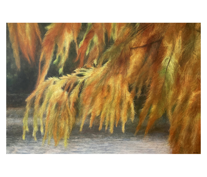 <b>L'arbre rouge au dessus de l'étang <br><b>Huile sur toile - 89x130cm