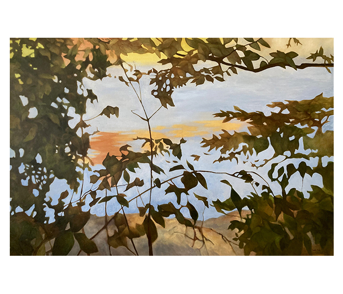 <b>Feuillages en contre-jour de l'étang <br><b>Huile sur toile - 89x130cm