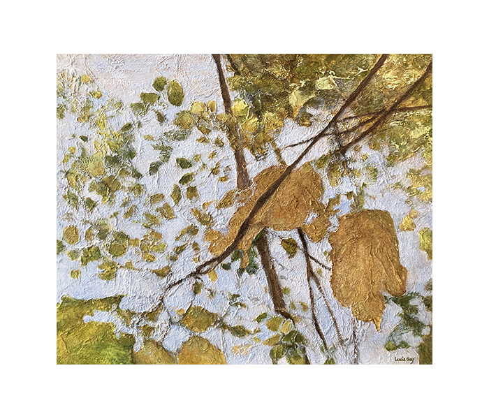<b>Contre-jour de feuilles d'automne sur fond d’eau bleue claire <br><b>Techniques mixtes - 54x65cm