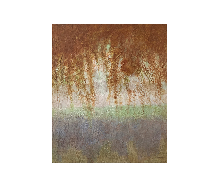 <b>L’arbre rouge au-dessus de l’eau verte et bleue <br><b>Techniques mixtes - 65x54cm