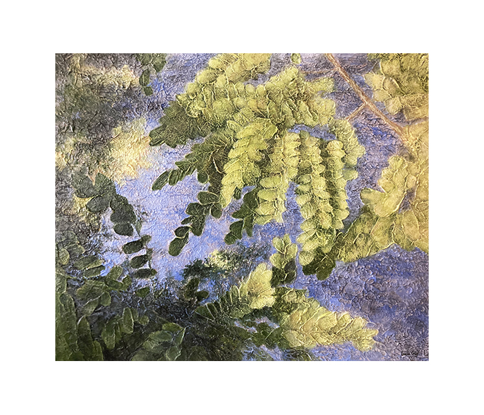 <b>Feuilles vert-jaune sur fond d’eau bleue <br><b>Techniques mixtes - 54x65cm