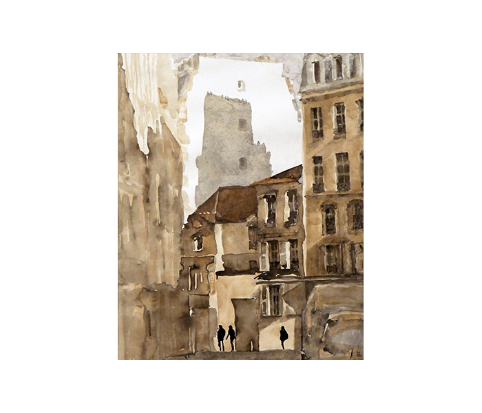 <b>La rue Thouin, Paris 5<sup>ème</sup><br><b>Encre de Chine et encre à la gomme-laque sur papier Velin d'Arches - 60x50cm