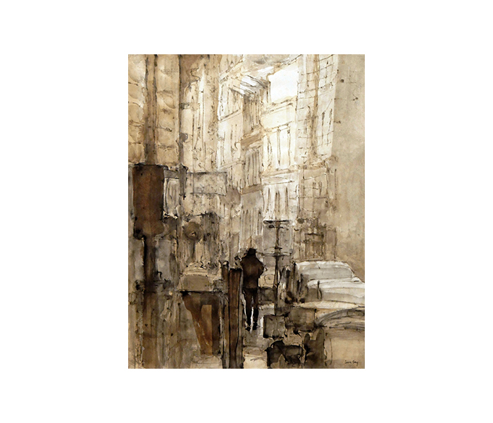 <b>La rue Lacépède, Paris 5<sup>ème</sup><br><b>Encre de Chine et encre à la gomme-laque sur papier Velin d'Arches - 80x60cm