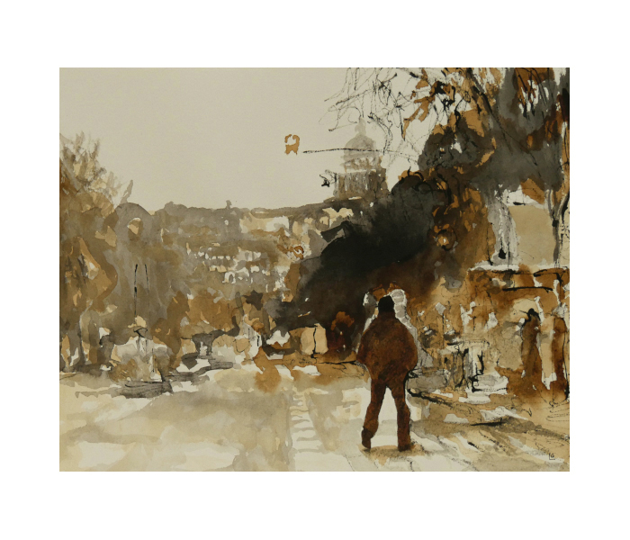 <b>L'avenue des Gobelins, Paris 5<sup>ème</sup><br><b>Encre de Chine et encre à la gomme-laque sur papier Velin d'Arches - 40x50cm