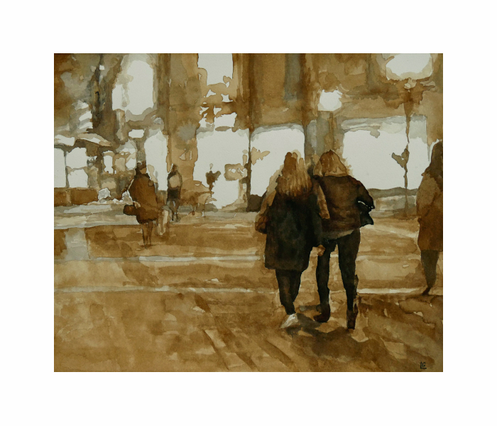 <b>La Place de la Sorbonne le soir, Paris 5<sup>ème</sup><br><b>Encre de Chine et encre à la gomme-laque sur papier Velin d'Arches - 40x50cm