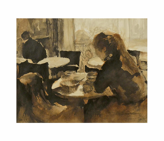 <b>Intérieur café, Paris 6<sup>ème</sup> (v2)<br><b>Encre de Chine et encre à la gomme-laque sur papier Velin d'Arches - 40x50cm