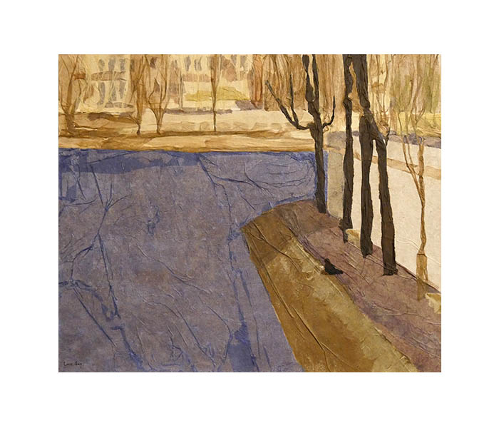 <b>Berge de l'Île Saint-Louis côté quai d'Orléans, Paris 4<sup>ème</sup><br><b>Papiers déchirés, teintés et collés sur toile - 46x55cm