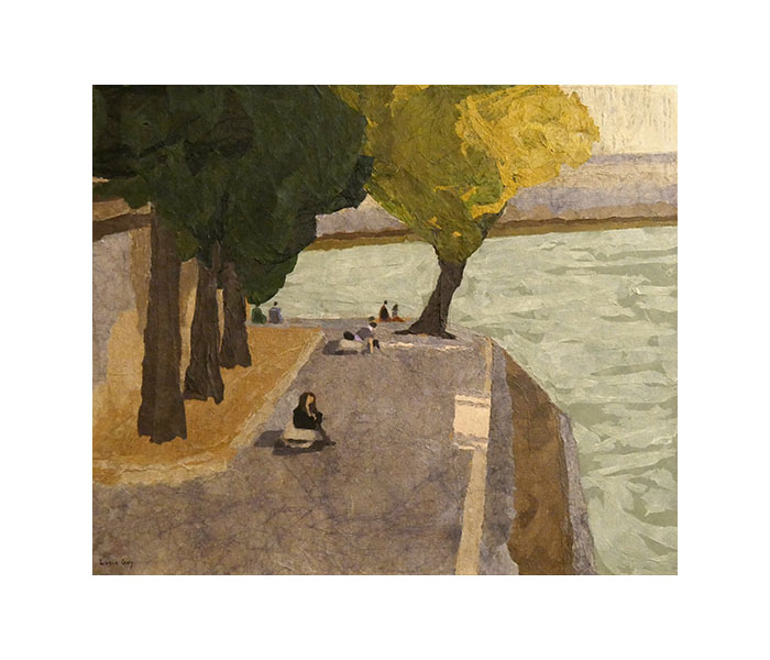 <b>Berge de l'Île Saint-Louis côté quai de Bourbon, Paris 4<sup>ème</sup><br><b>Papiers déchirés, teintés et collés sur toile - 46x55cm