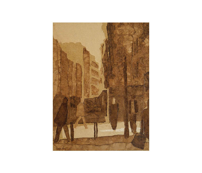 <b>La rue du Commerce, Paris 15<sup>ème</sup><br><b>Papier kraft déchiré, teinté et collé sur toile - 35x27cm