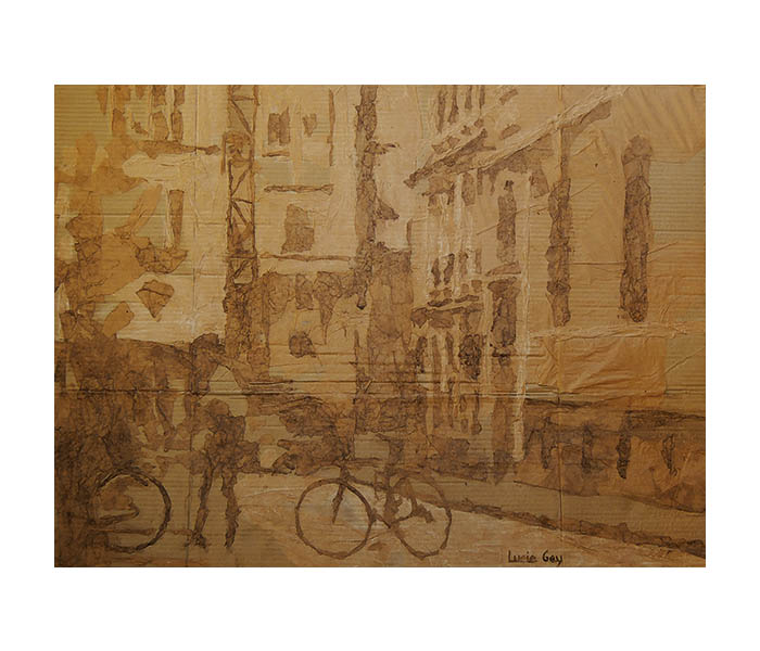 <b>La rue Grenier sur l’Eau, Paris 4<sup>ème</sup><br><b>Papier kraft déchiré, teinté et collé sur carton, marouflé sur toile - 80,5x109cm